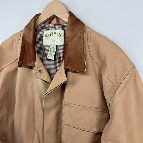ORVIS Jacket Mens L Chore Barn Coat Houndstooth Lined Leather Trim Hunting Brown - Picture 8 of 16